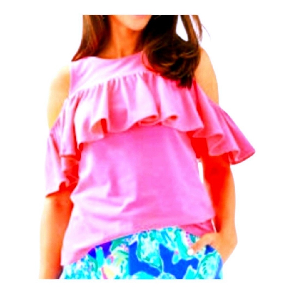 Lilly Pulitzer Ruffle Cold Shoulder Top Womens XS Pink Preppy‎ Summer Knit
